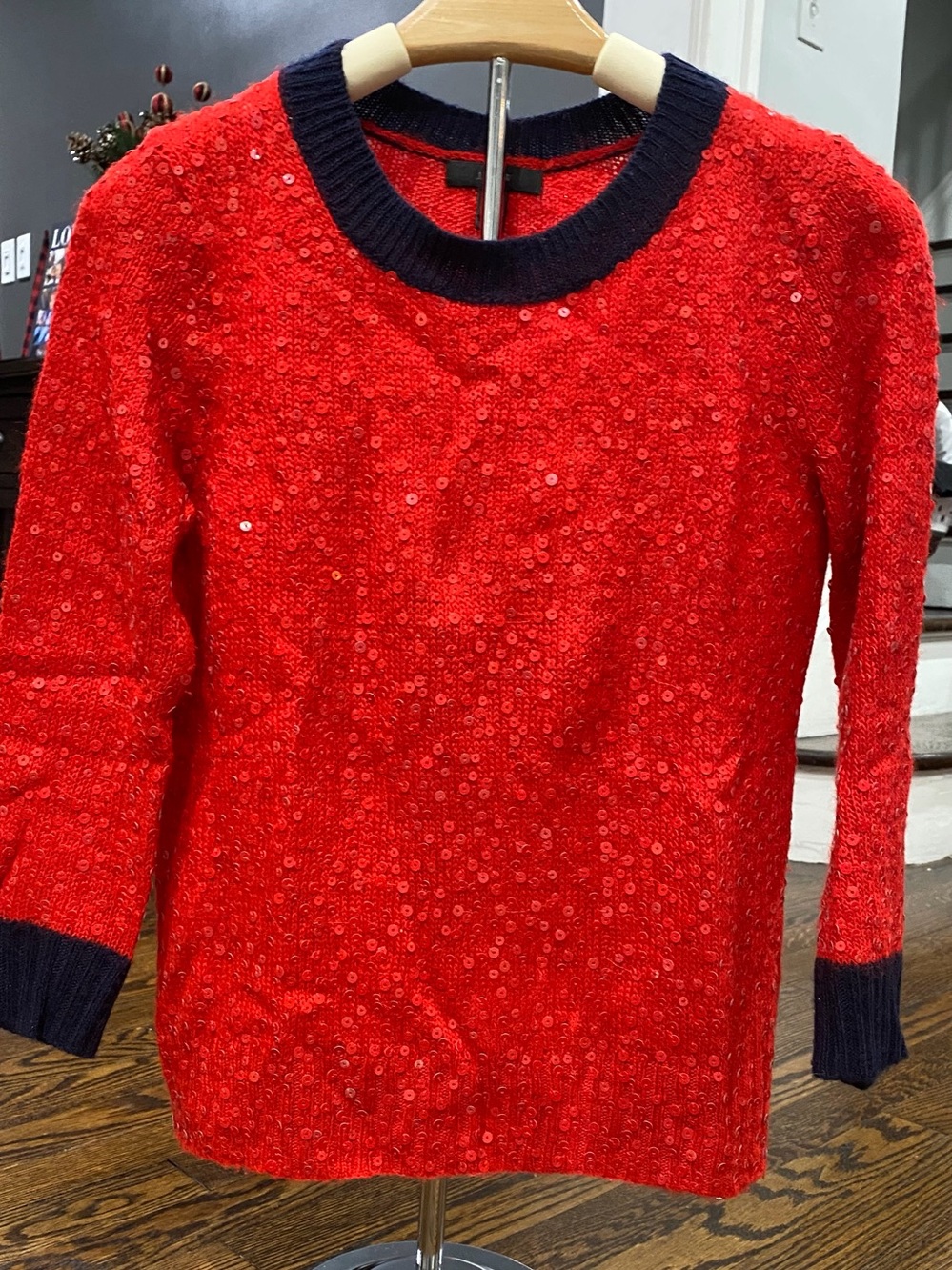 Jcrew-Red Sequin Knit Sweater with Navy Trim